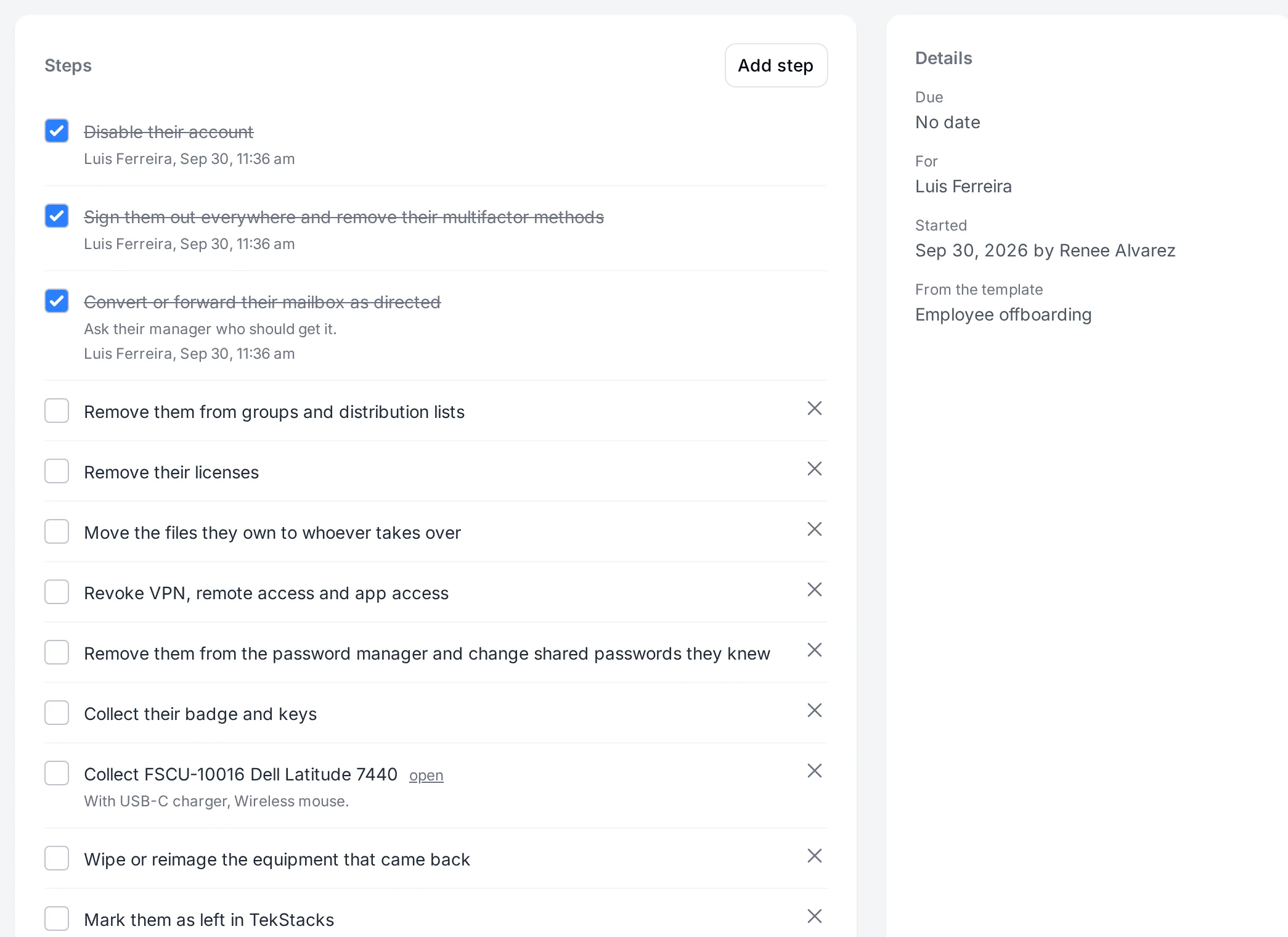 An offboarding checklist with some steps ticked and the equipment still to collect.