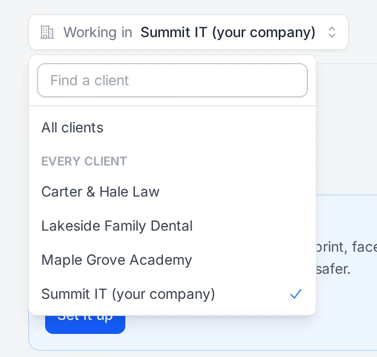 The client switcher open, with recent clients and a search box.
