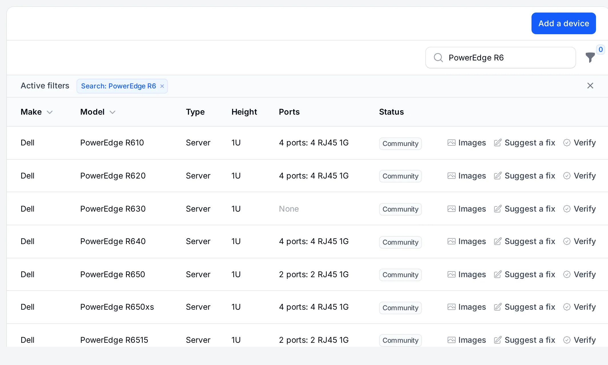 The device library listing switches and servers with their rack height, ports and power, and which entries are verified.