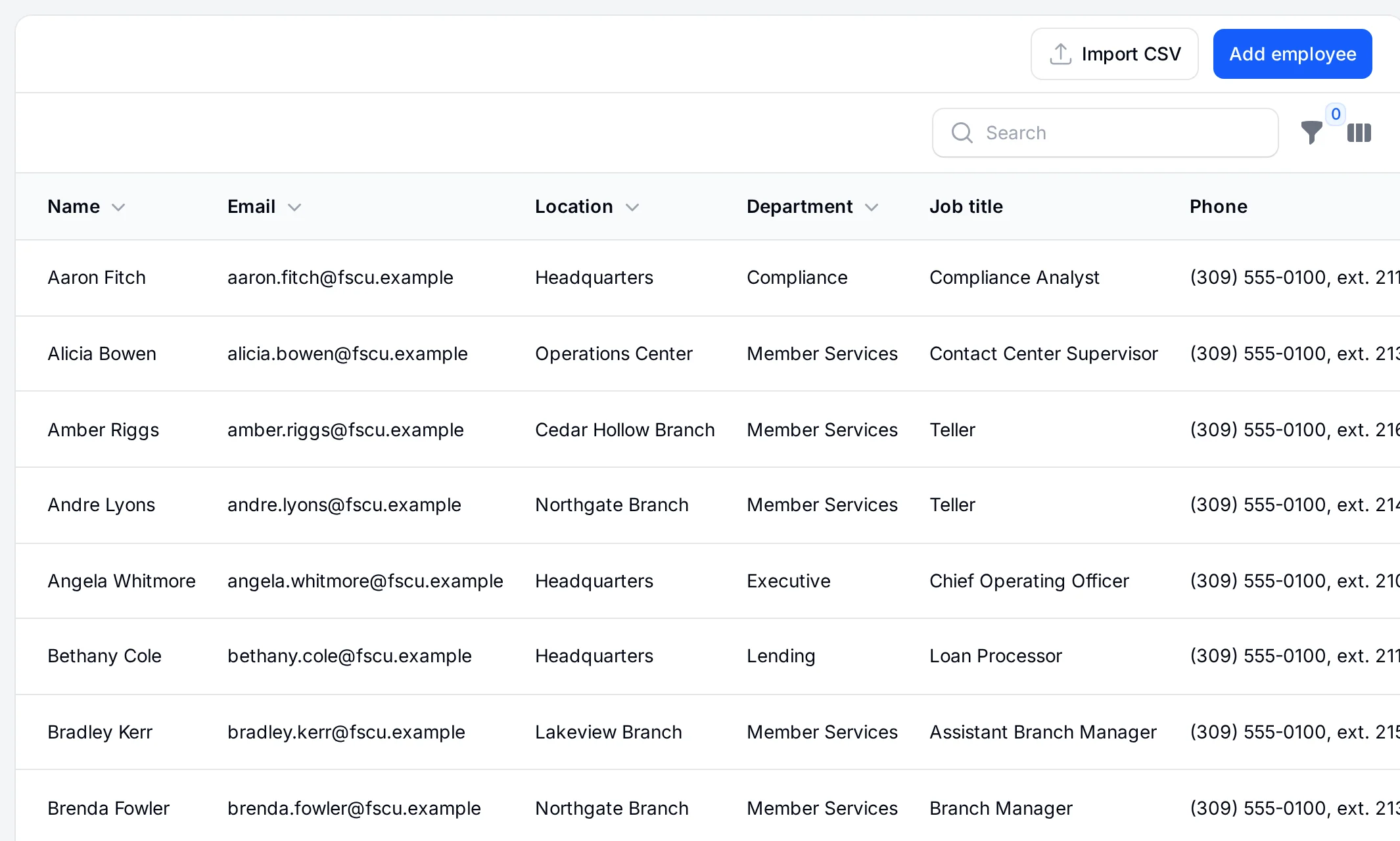 The employee list, filled from the credit union's Entra All Staff group, with job titles, departments and locations.