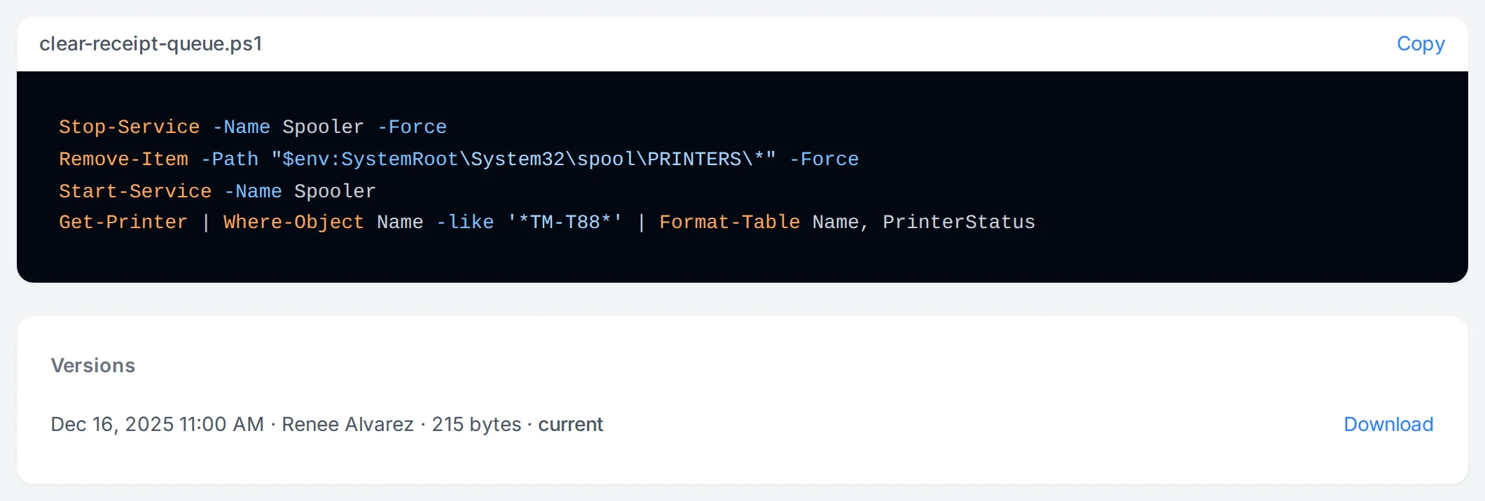 A snippet with syntax highlighting and its version history.