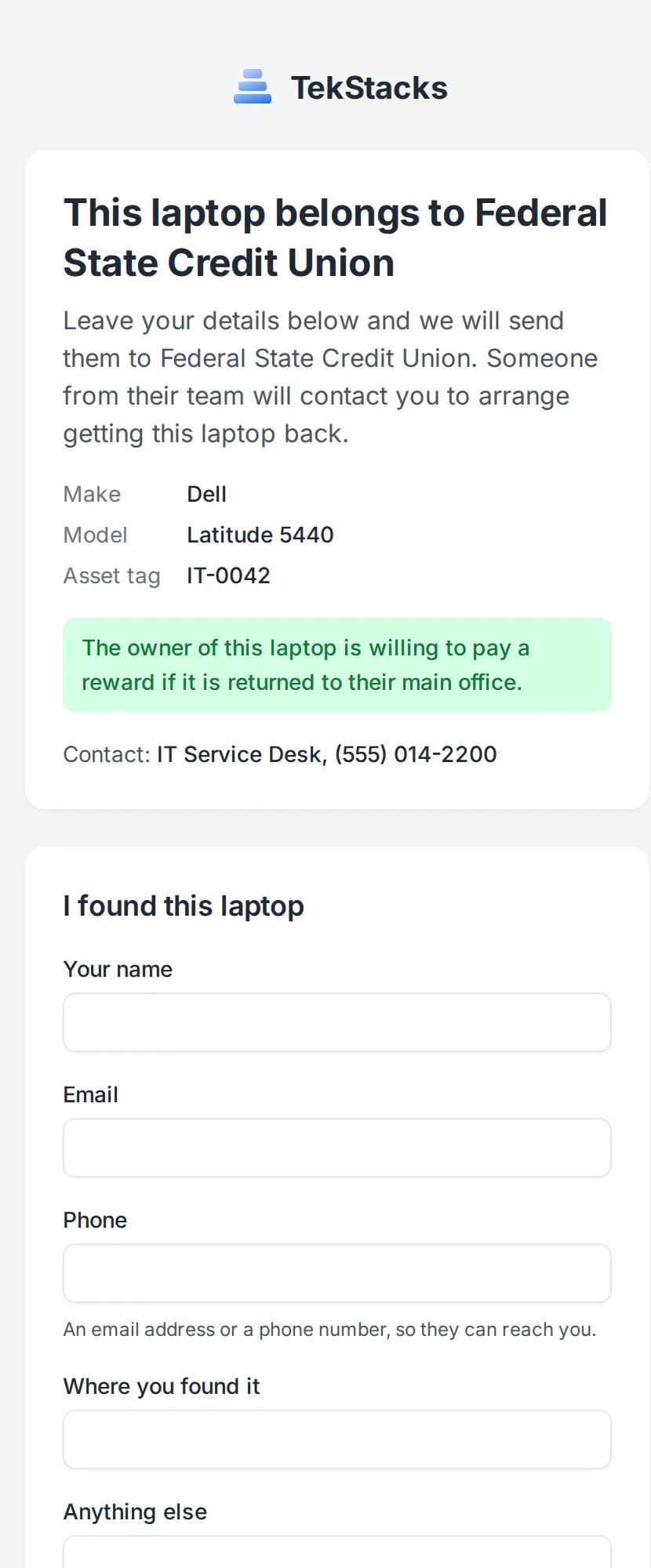 The page someone sees after scanning a lost laptop's QR label, with the owner's message and a form to report it found.