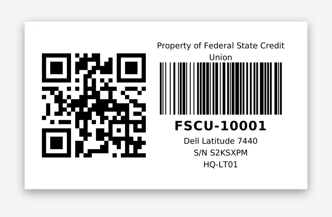 A label template preview with an asset tag barcode.
