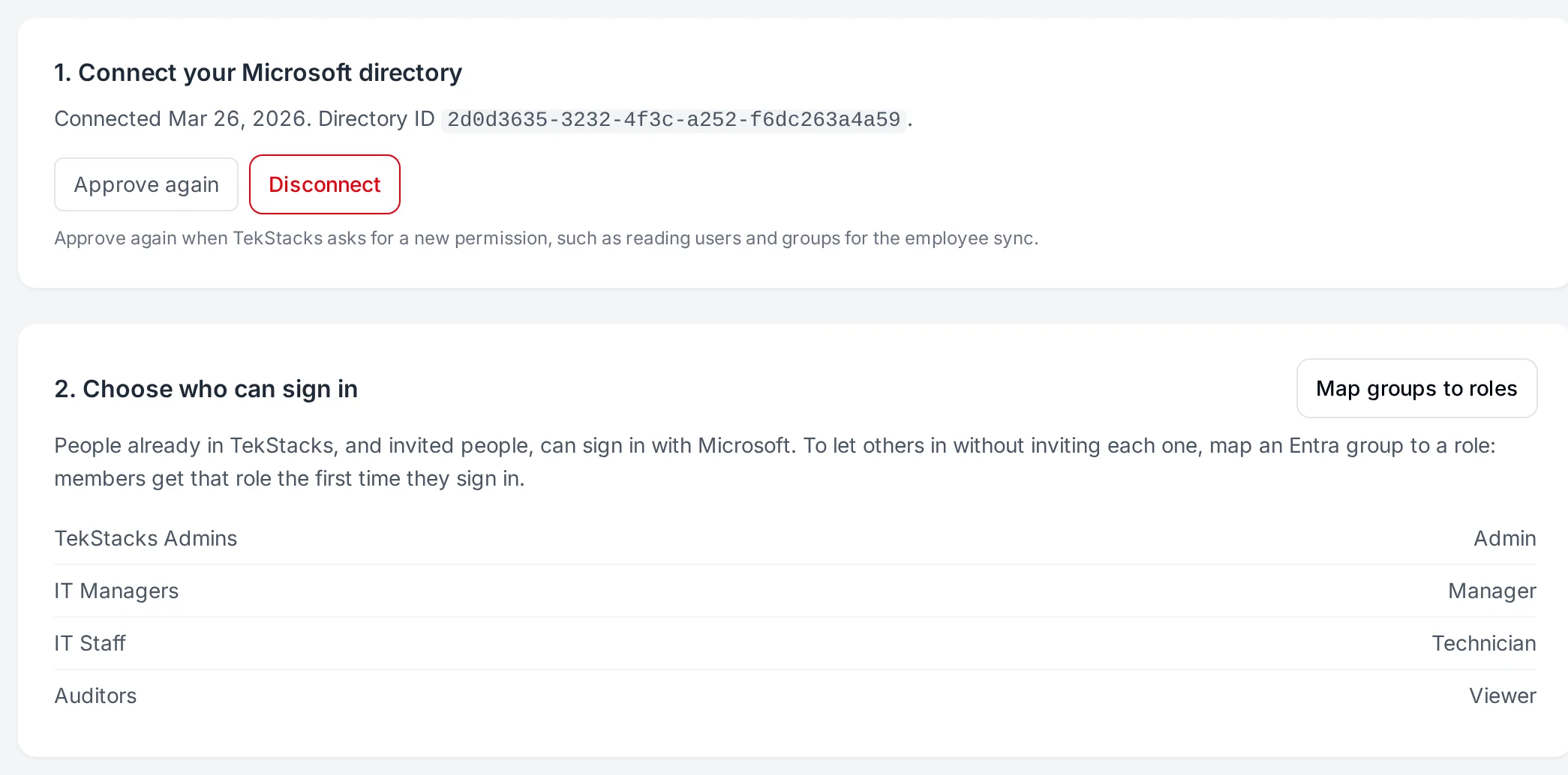The Microsoft sign in settings with a connected directory and Entra groups mapped to roles.