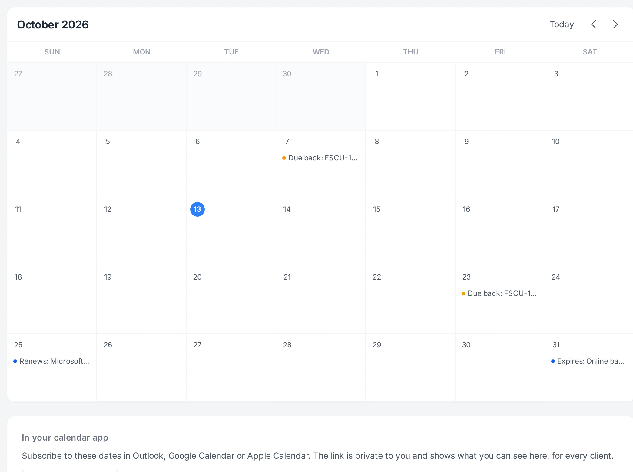 A month calendar with warranty, license and certificate renewals.