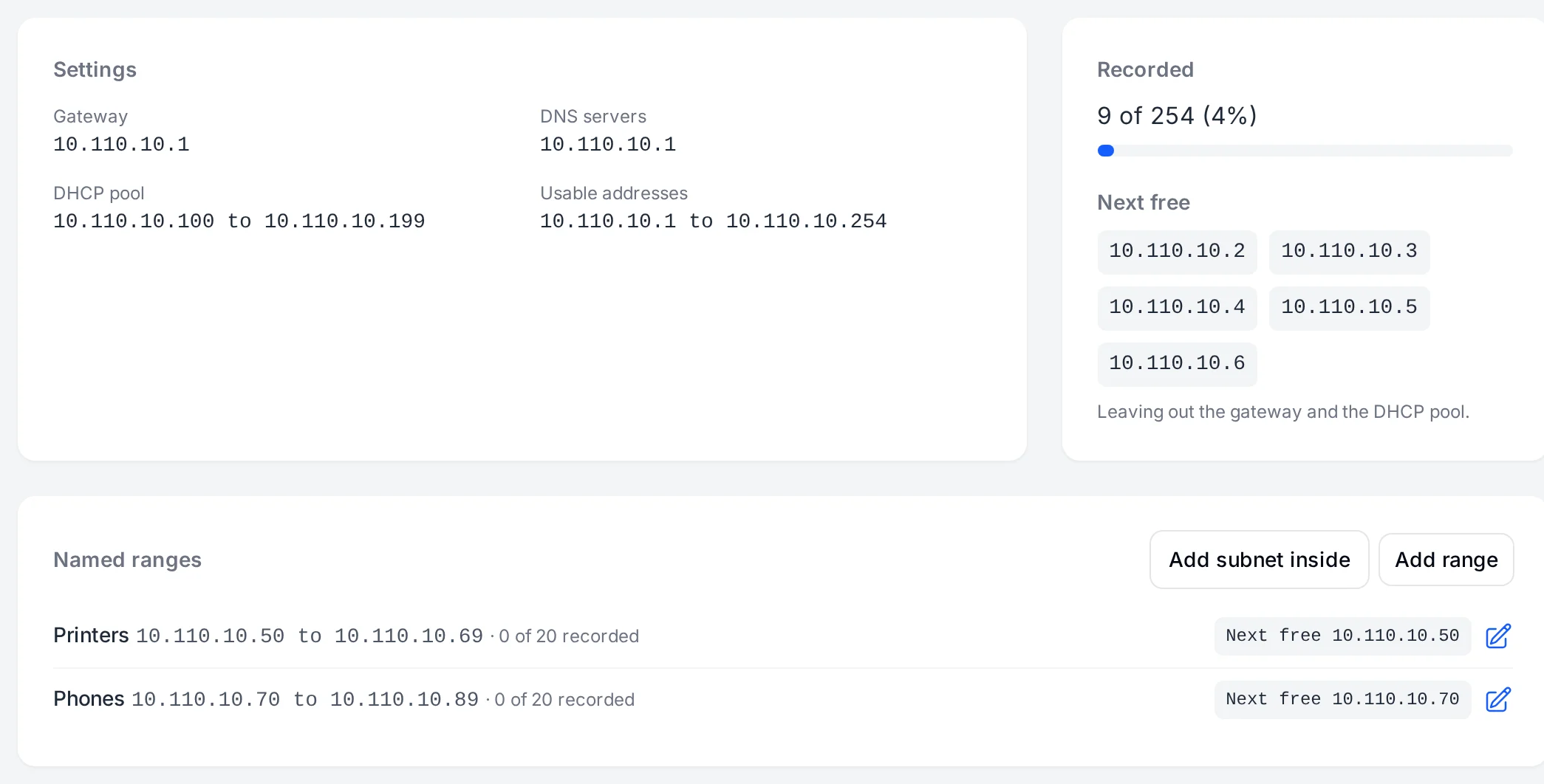 A subnet page with its gateway, DHCP pool, how full it is and the addresses held by equipment.